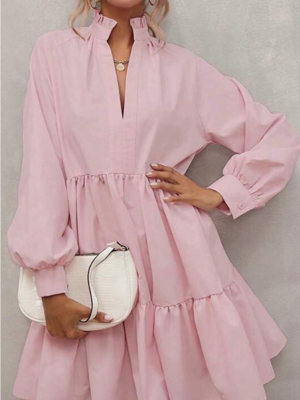 Blush Pink Tiered Ruffle Neck Midi Dress